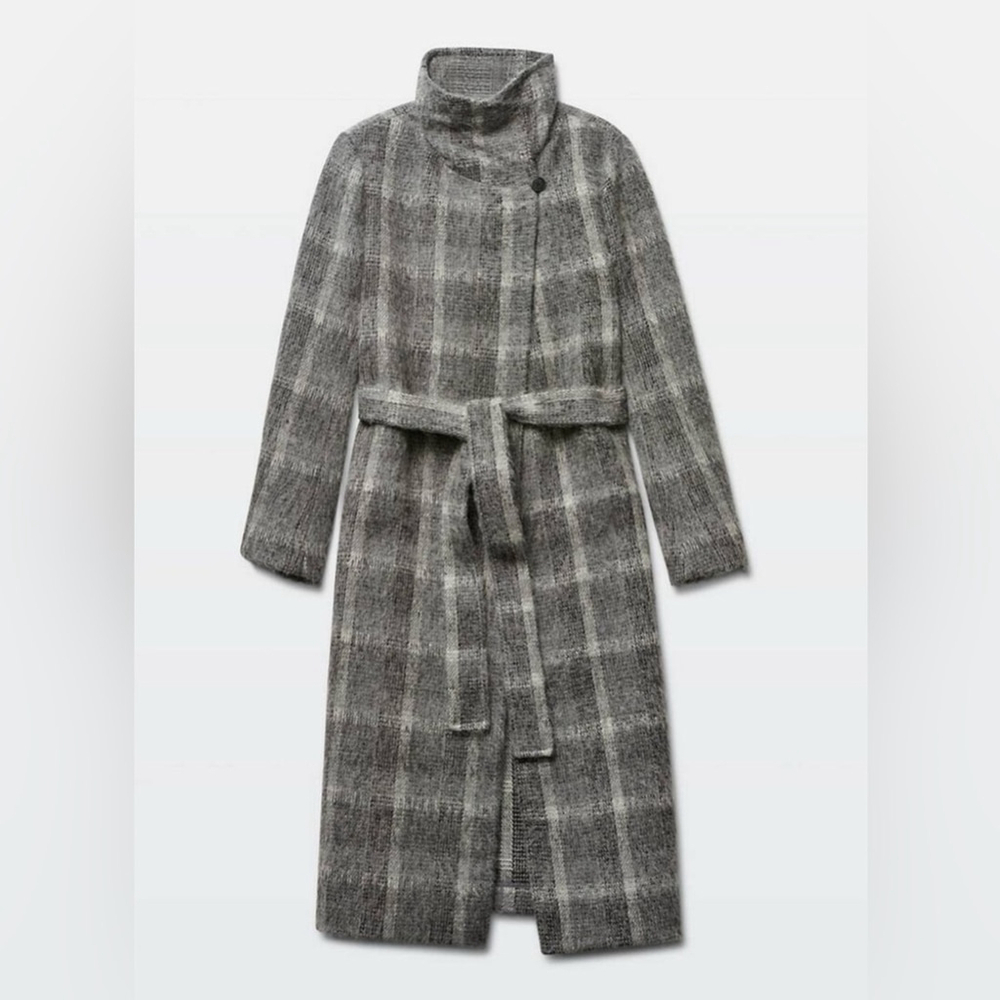 ** Babaton Gray Plaid Alpaca Wool Blend Long Wrap Belted Coat Size M